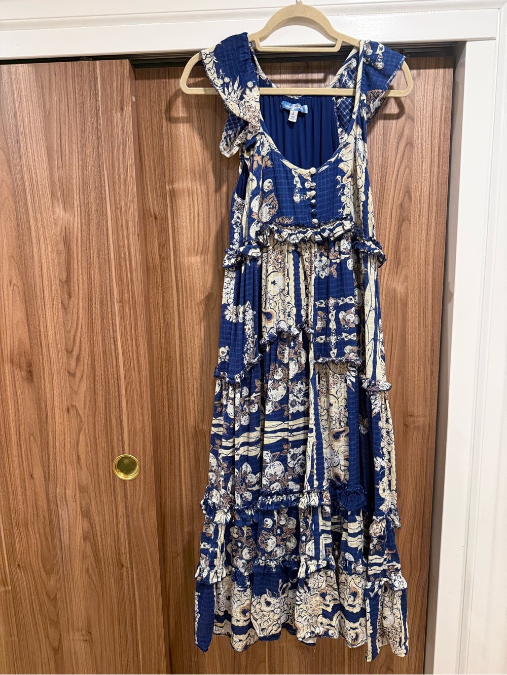 Urban Outfitters Navy and Cream Floral Ruffle Maxi Dress M